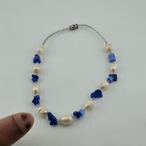 Choker Necklace Natural Pearls Blue Glass / Stone Beads 10in